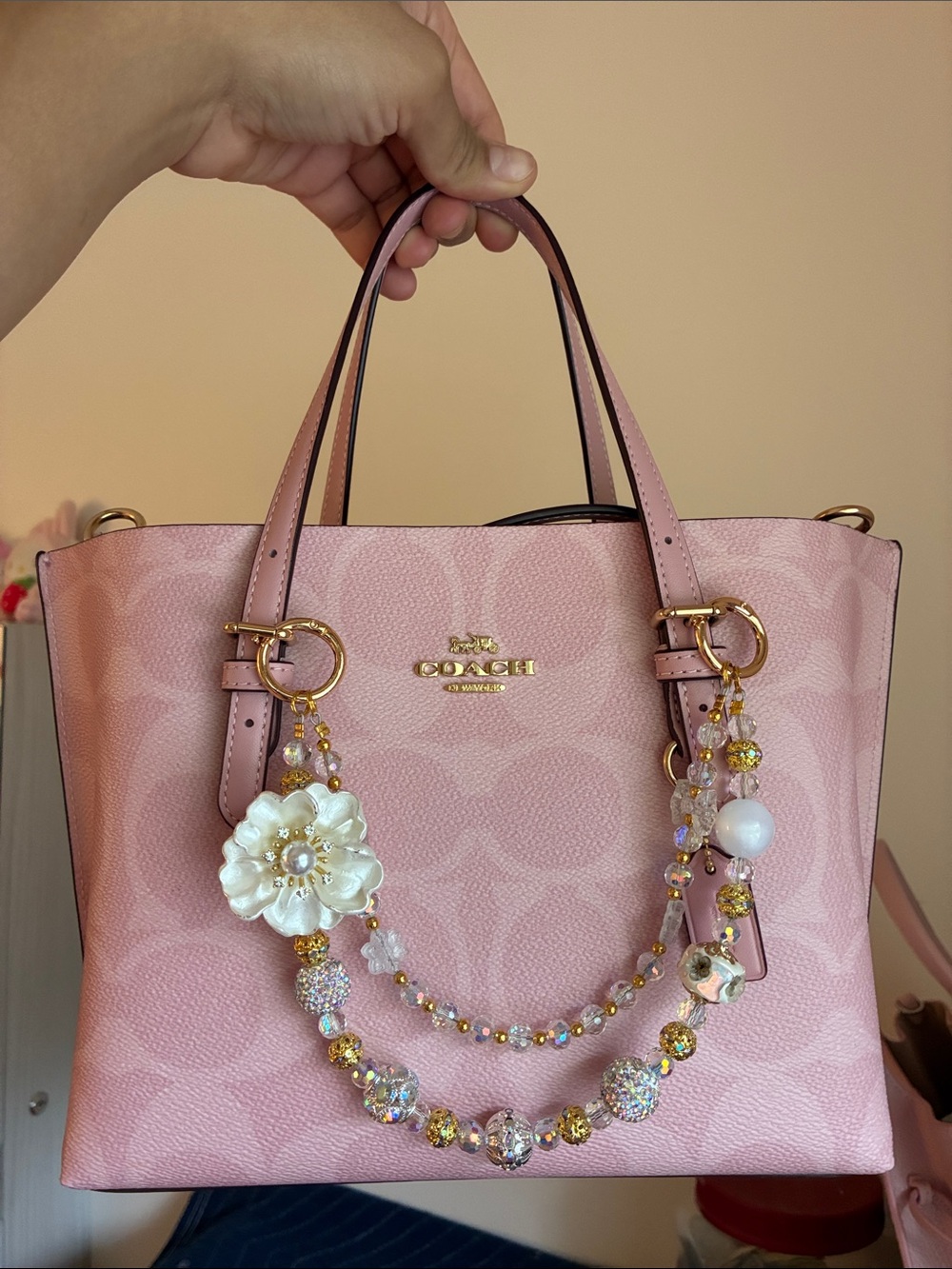 Hand Crafted Pink Floral Beaded Purse Charm